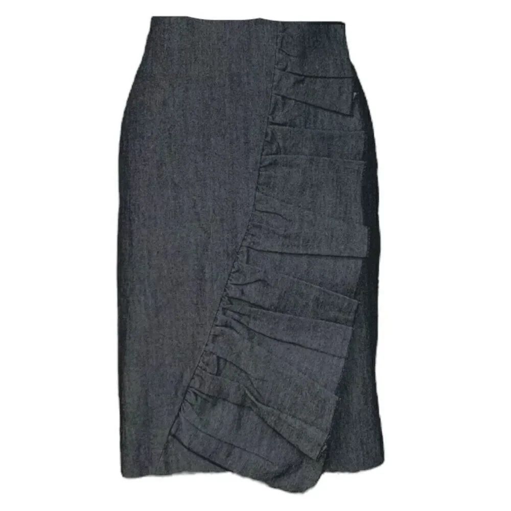 Sandro Sportswear Black Chambray Ruffle Straight Skirt Size 12 Zipper Back